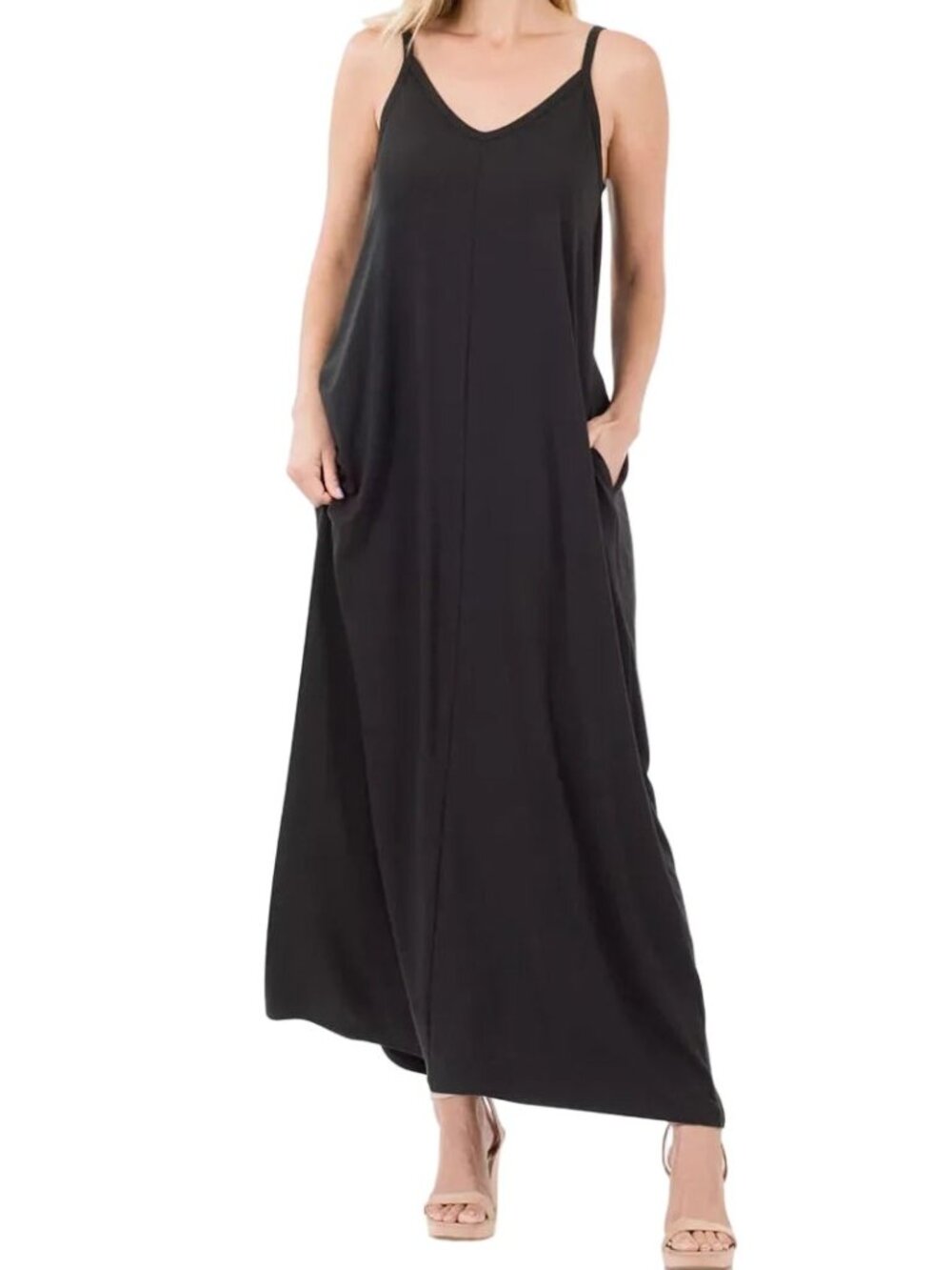 Zenana Side Pocket V-Neck Relaxed Fit Spaghetti Strap Maxi Dress - Picture 4 of 7